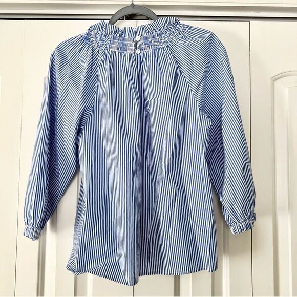 J. Crew Smocked Neck Striped Long Sleeve Blouse Top in Blue Stripe - Picture 3 of 5
